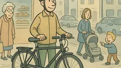Witz: Am Gehweg steigt der Radfahrer ab…